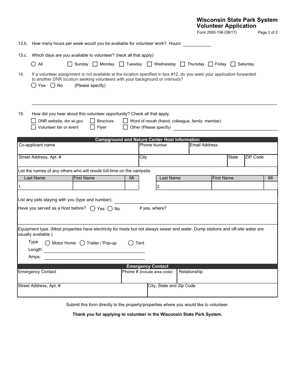 Form 2500-106 Wisconsin State Park System Volunteer Application - Wisconsin, Page 2