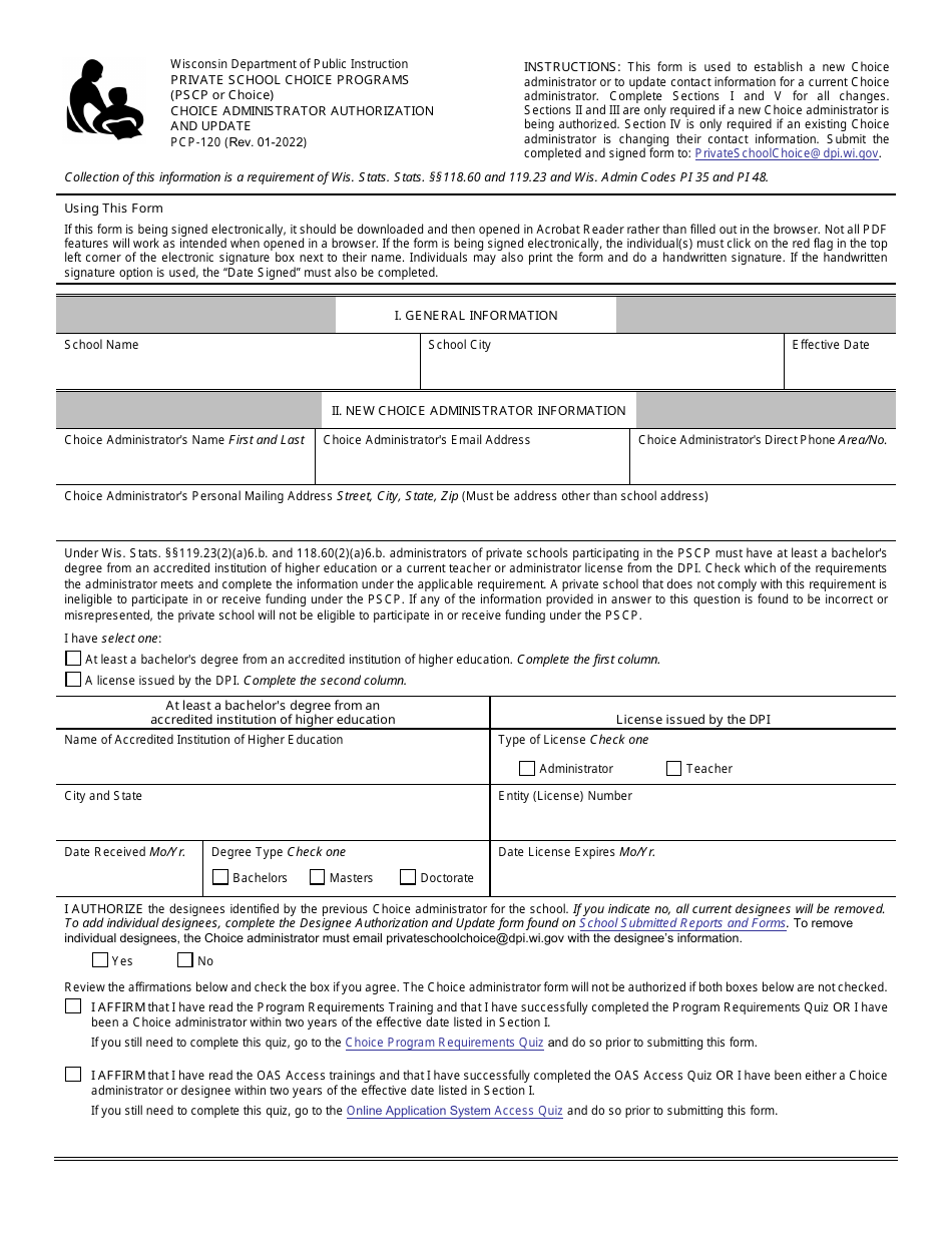 Form PCP-120 Choice Administrator Authorization and Update - Private School Choice Programs - Wisconsin, Page 1