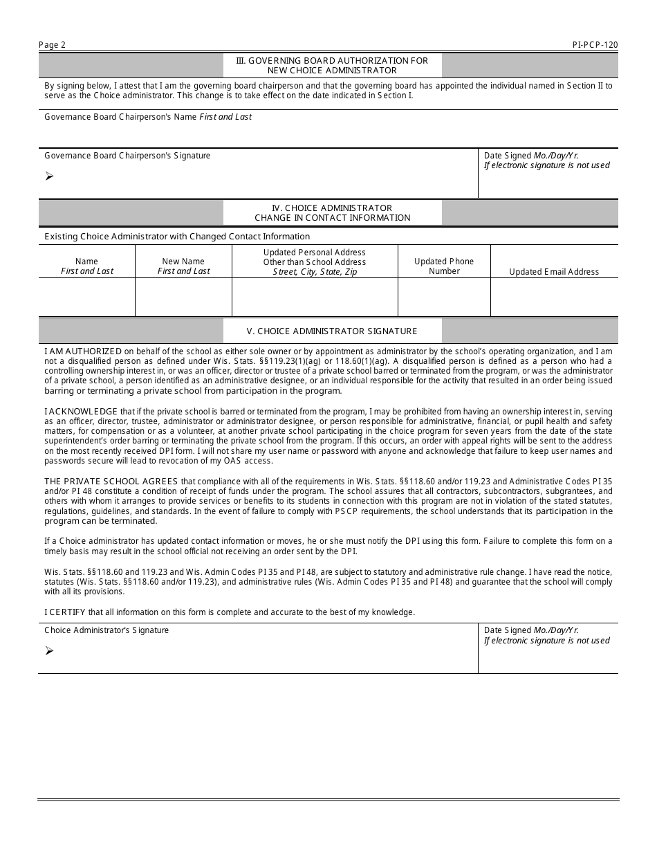 Form PCP-120 Choice Administrator Authorization and Update - Private School Choice Programs - Wisconsin, Page 2