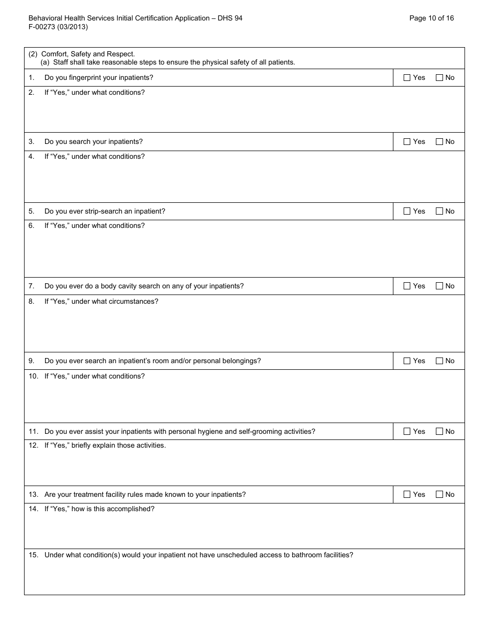 Form F-00273 Behavioral Health Services Initial Certification Application - DHS 94 Patient Rights and Resolution of Patient Grievances - Wisconsin, Page 10