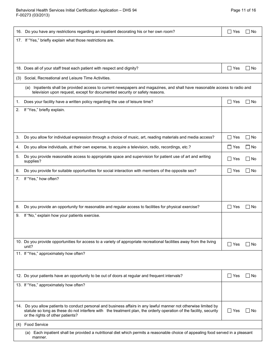 Form F-00273 Behavioral Health Services Initial Certification Application - DHS 94 Patient Rights and Resolution of Patient Grievances - Wisconsin, Page 11