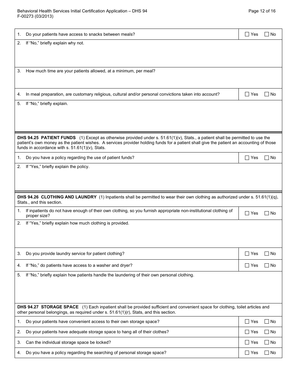 Form F-00273 Behavioral Health Services Initial Certification Application - DHS 94 Patient Rights and Resolution of Patient Grievances - Wisconsin, Page 12