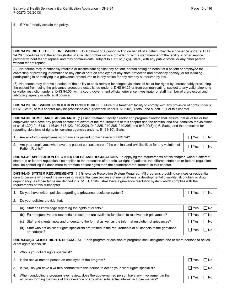 Form F-00273 Behavioral Health Services Initial Certification Application - DHS 94 Patient Rights and Resolution of Patient Grievances - Wisconsin, Page 13