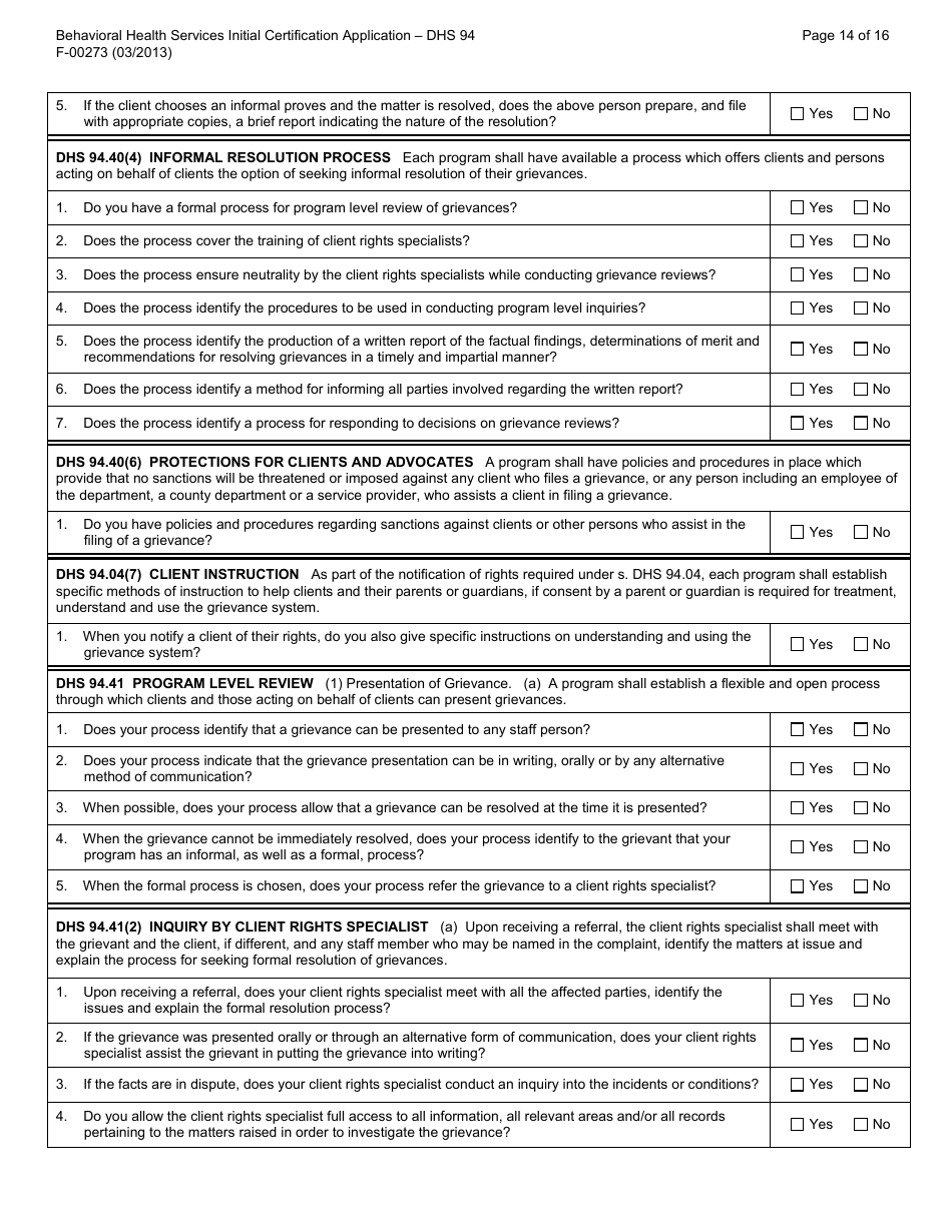 Form F-00273 Behavioral Health Services Initial Certification Application - DHS 94 Patient Rights and Resolution of Patient Grievances - Wisconsin, Page 14