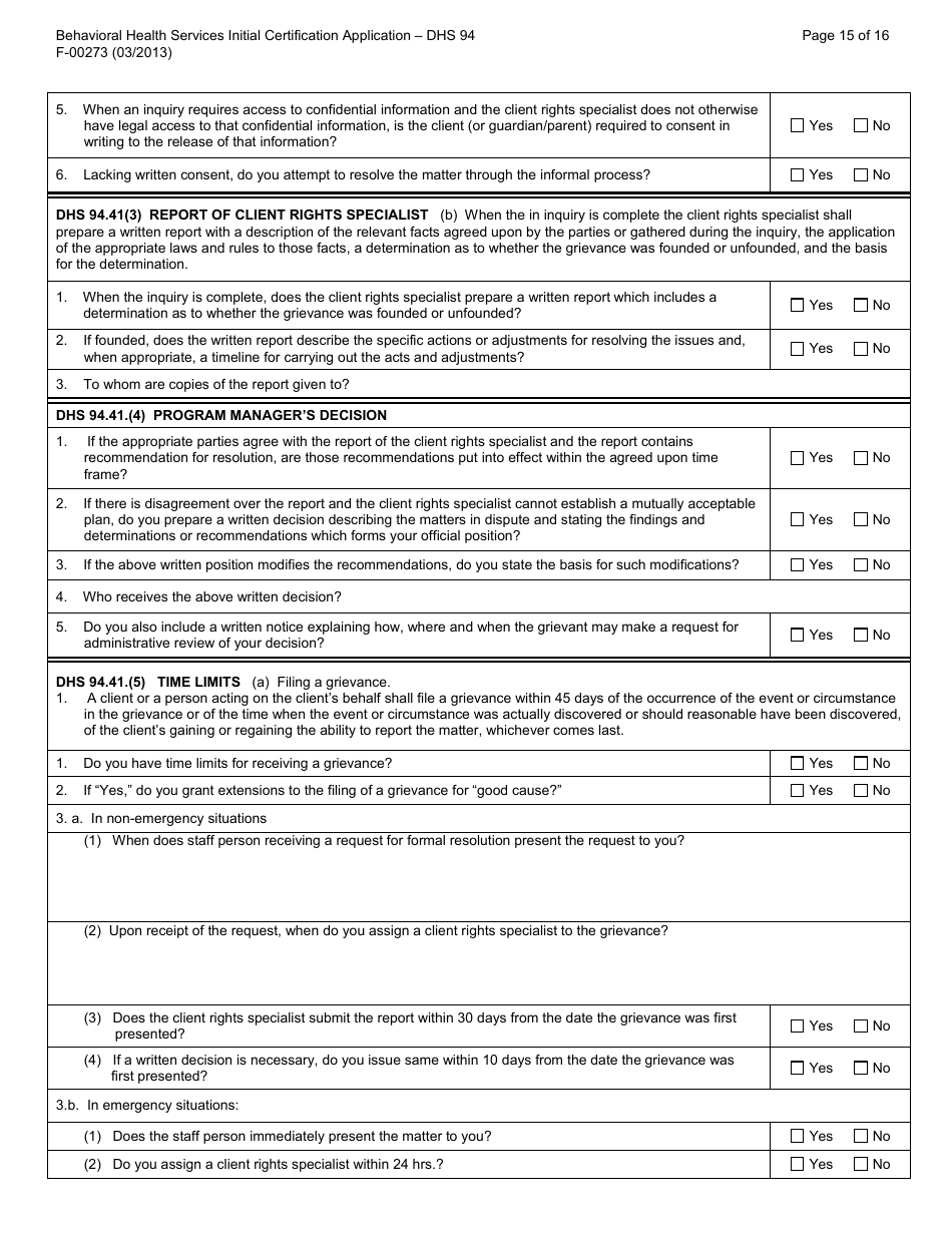 Form F-00273 Behavioral Health Services Initial Certification Application - DHS 94 Patient Rights and Resolution of Patient Grievances - Wisconsin, Page 15