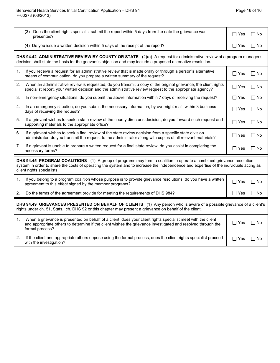 Form F-00273 Behavioral Health Services Initial Certification Application - DHS 94 Patient Rights and Resolution of Patient Grievances - Wisconsin, Page 16