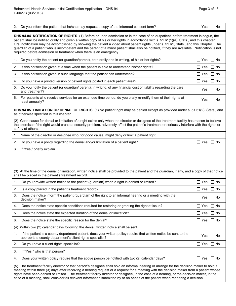 Form F-00273 Behavioral Health Services Initial Certification Application - DHS 94 Patient Rights and Resolution of Patient Grievances - Wisconsin, Page 3