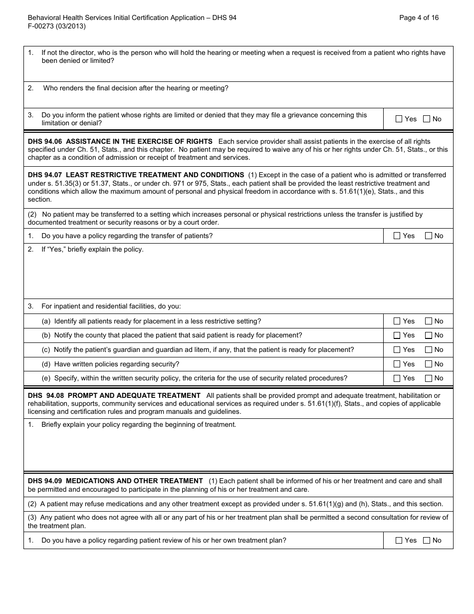 Form F-00273 Behavioral Health Services Initial Certification Application - DHS 94 Patient Rights and Resolution of Patient Grievances - Wisconsin, Page 4