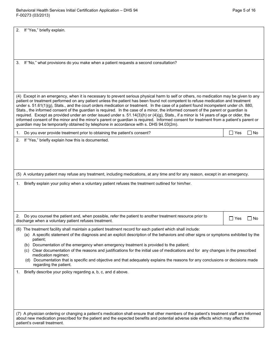 Form F-00273 Behavioral Health Services Initial Certification Application - DHS 94 Patient Rights and Resolution of Patient Grievances - Wisconsin, Page 5