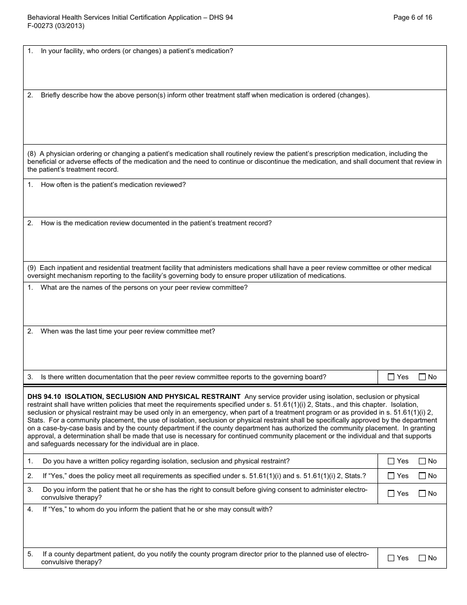 Form F-00273 Behavioral Health Services Initial Certification Application - DHS 94 Patient Rights and Resolution of Patient Grievances - Wisconsin, Page 6