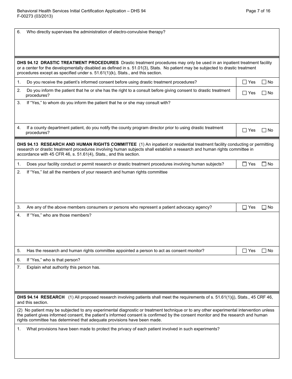 Form F-00273 Behavioral Health Services Initial Certification Application - DHS 94 Patient Rights and Resolution of Patient Grievances - Wisconsin, Page 7