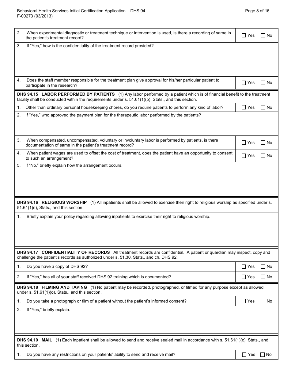 Form F-00273 Behavioral Health Services Initial Certification Application - DHS 94 Patient Rights and Resolution of Patient Grievances - Wisconsin, Page 8