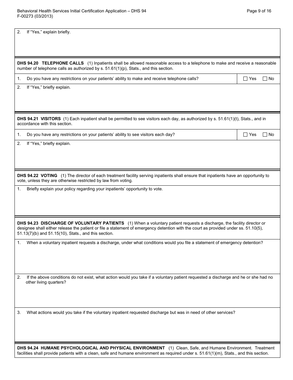 Form F-00273 Behavioral Health Services Initial Certification Application - DHS 94 Patient Rights and Resolution of Patient Grievances - Wisconsin, Page 9