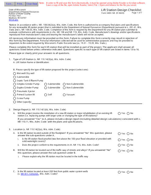 Form 3400-168 Lift Station Design Checklist - Wisconsin