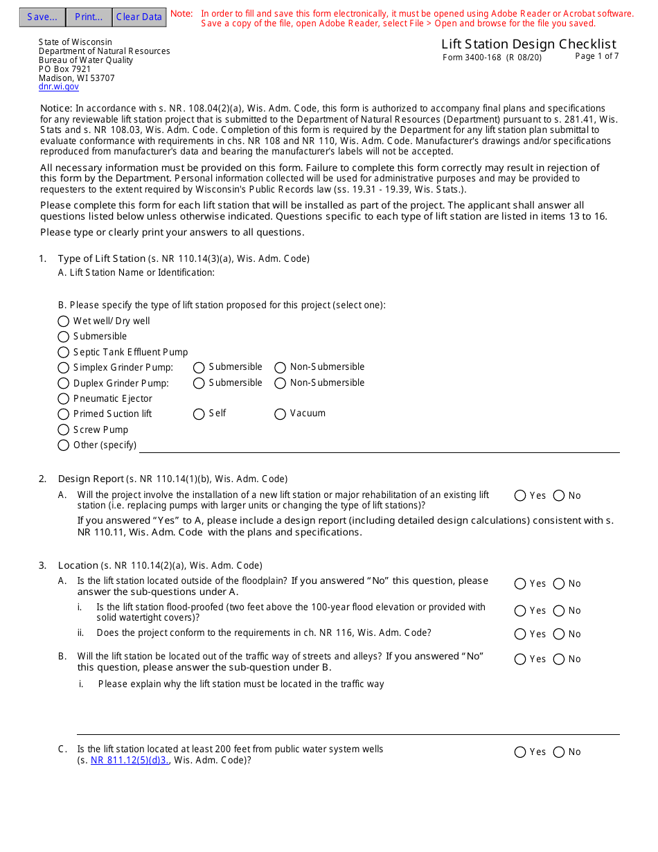 Form 3400-168 Lift Station Design Checklist - Wisconsin, Page 1