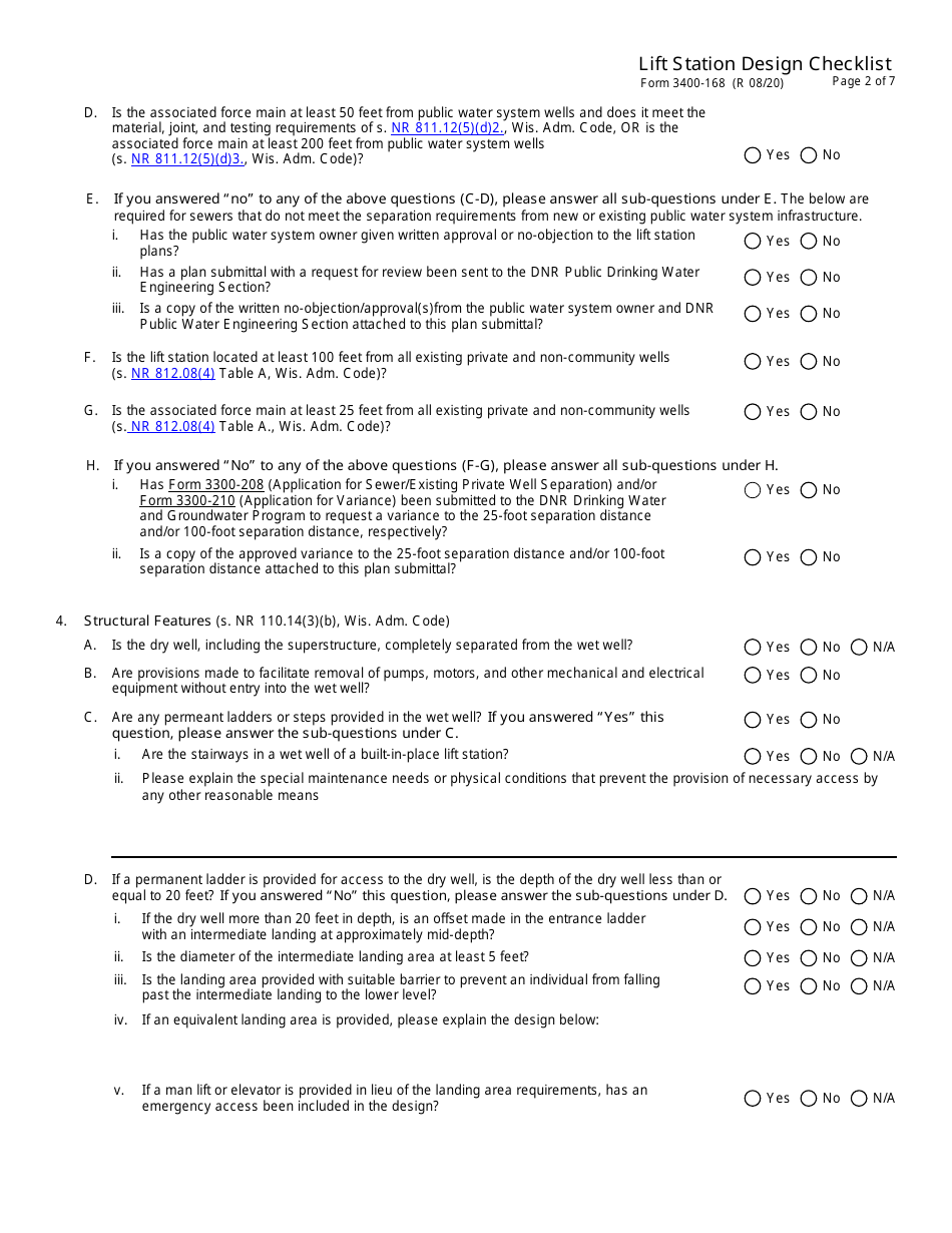 Form 3400-168 Lift Station Design Checklist - Wisconsin, Page 2