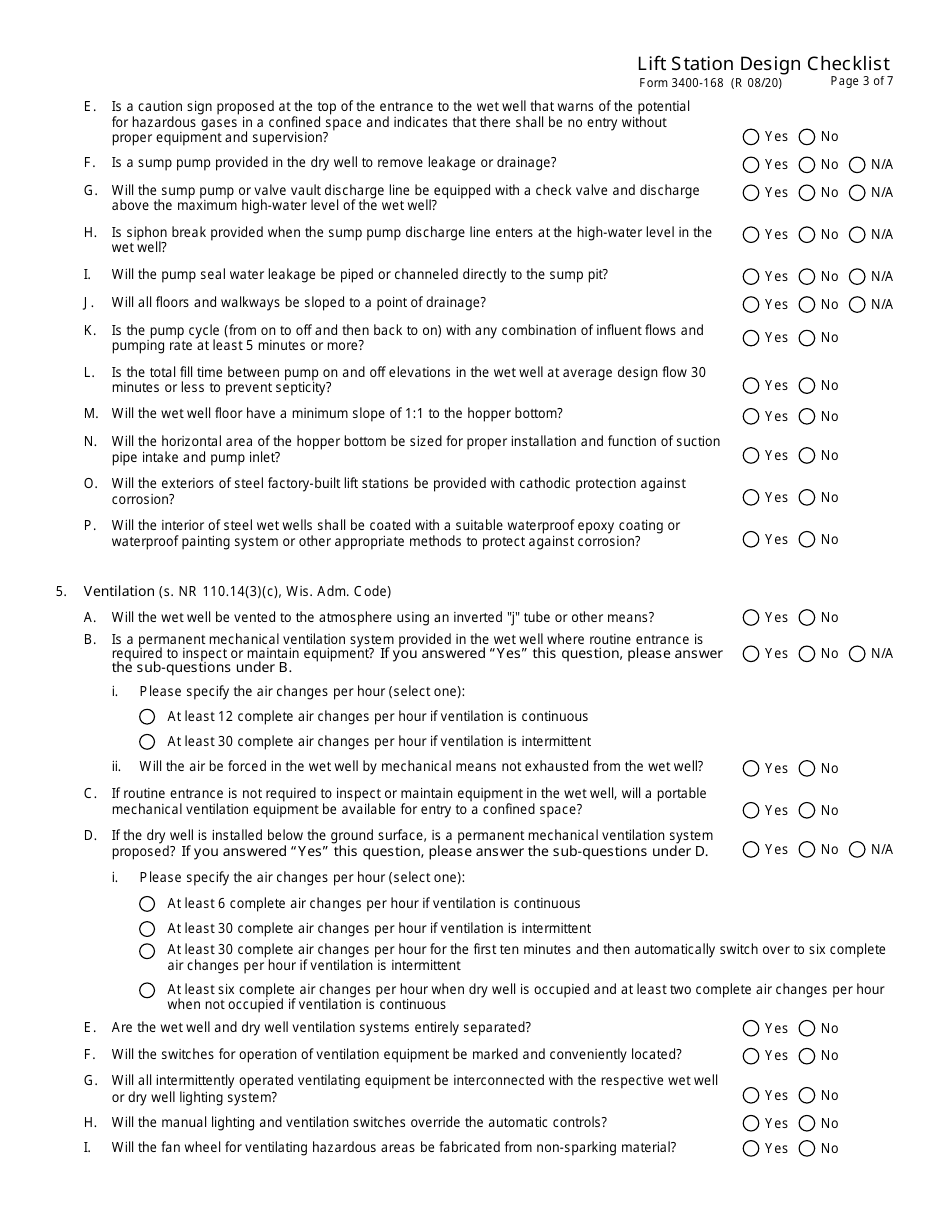Form 3400-168 Lift Station Design Checklist - Wisconsin, Page 3