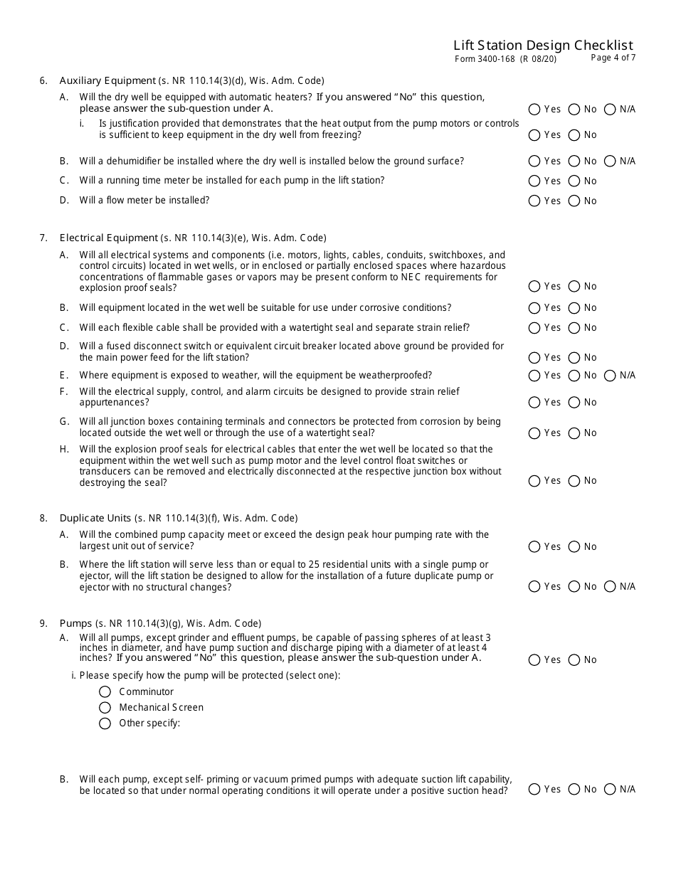 Form 3400-168 Lift Station Design Checklist - Wisconsin, Page 4
