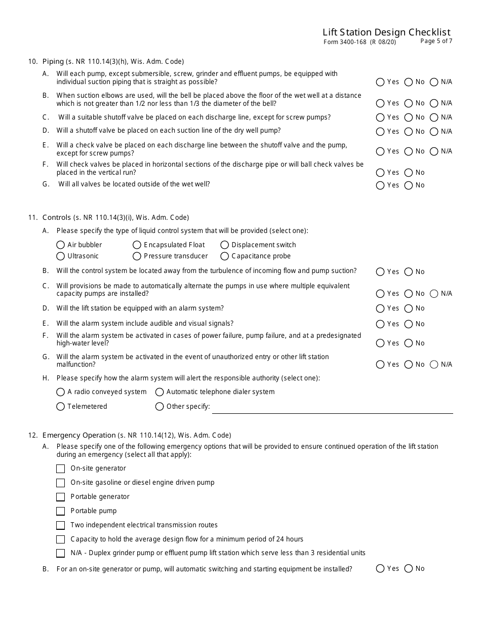Form 3400-168 Lift Station Design Checklist - Wisconsin, Page 5