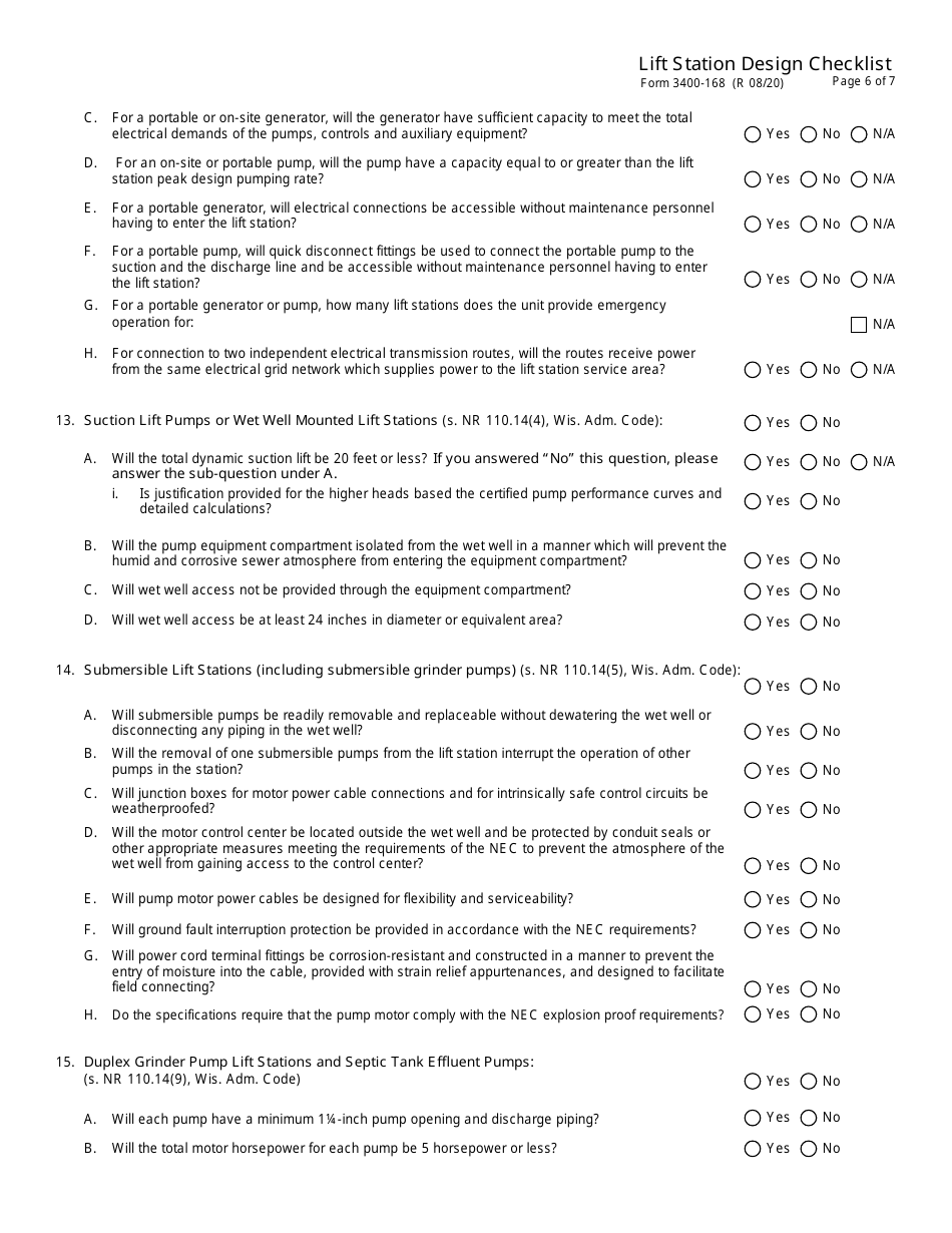 Form 3400-168 Lift Station Design Checklist - Wisconsin, Page 6