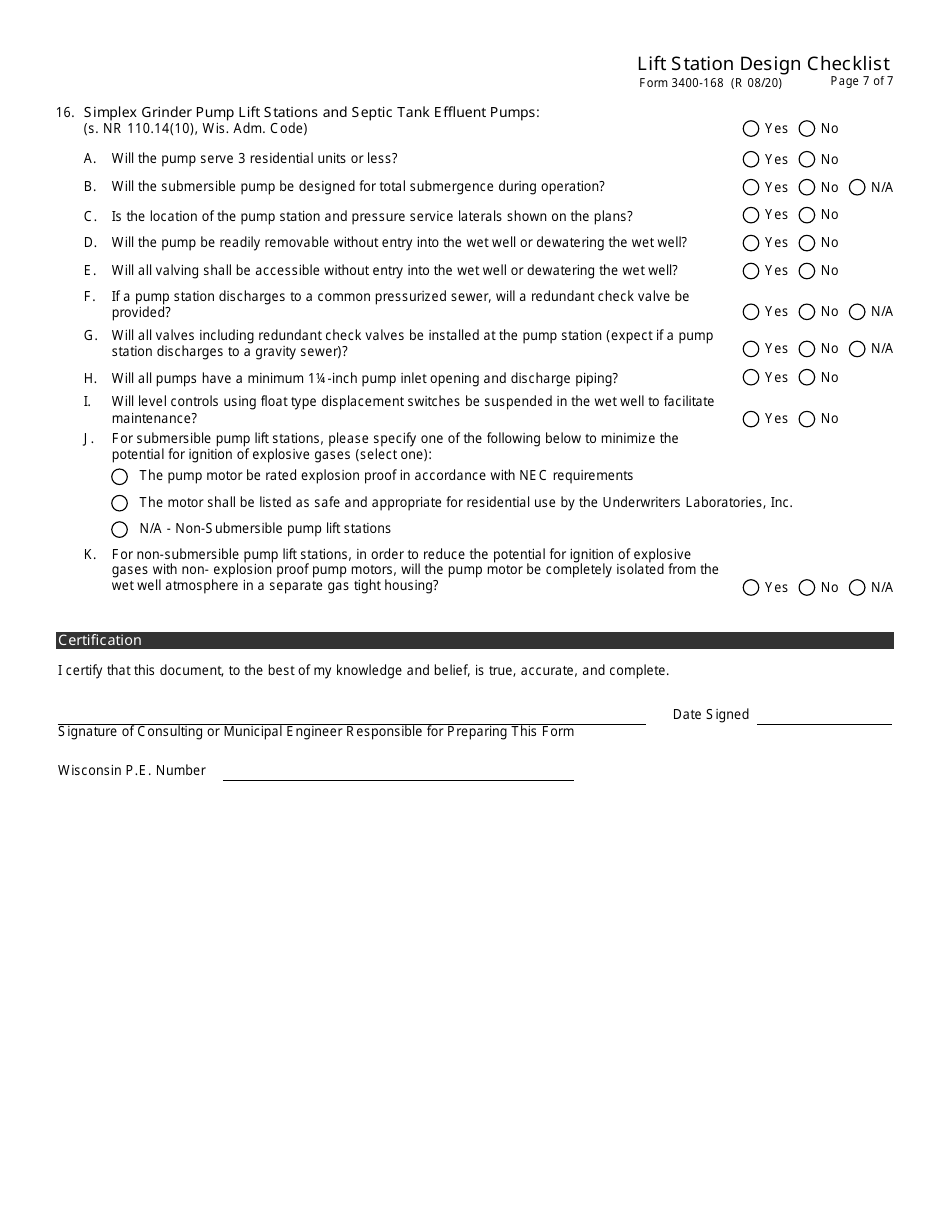 Form 3400-168 Lift Station Design Checklist - Wisconsin, Page 7
