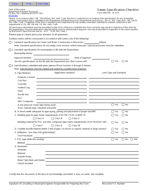 Form 3400-095 Sewer Specification Checklist - Wisconsin