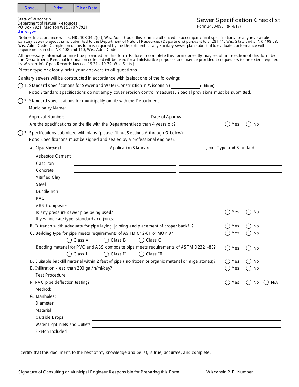 Form 3400-095 Sewer Specification Checklist - Wisconsin, Page 1