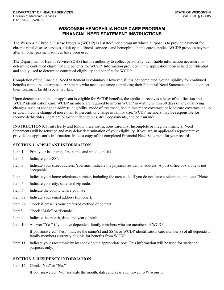 Instructions for Form F-01187 Wisconsin Hemophilia Home Care Program Financial Need Statement - Wisconsin, Page 1