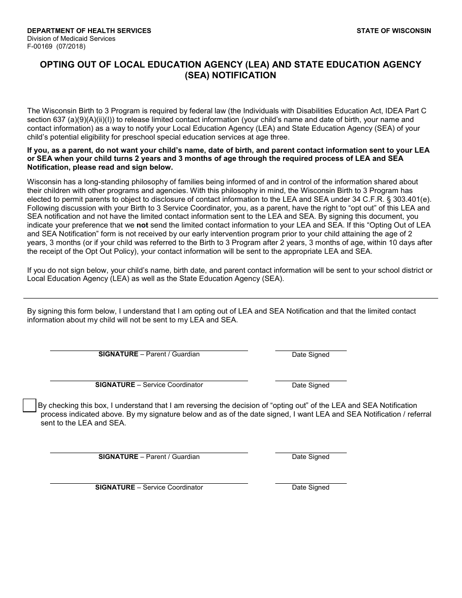 Form F-00169 Opting out of Local Education Agency (Lea) and State Education Agency (Sea) Notification - Wisconsin, Page 1