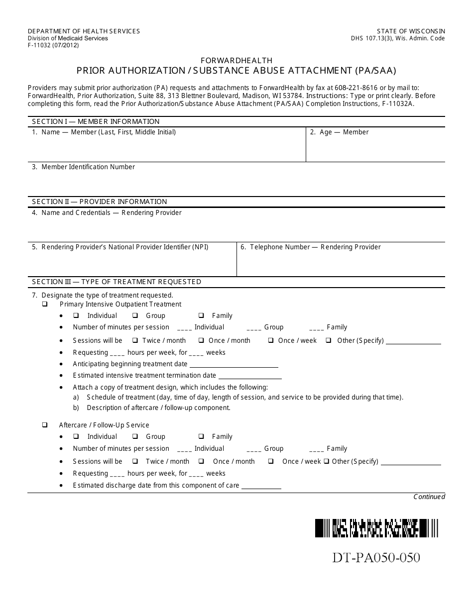 Form F-11032 Prior Authorization / Substance Abuse Attachment (Pa / Saa) - Wisconsin, Page 1