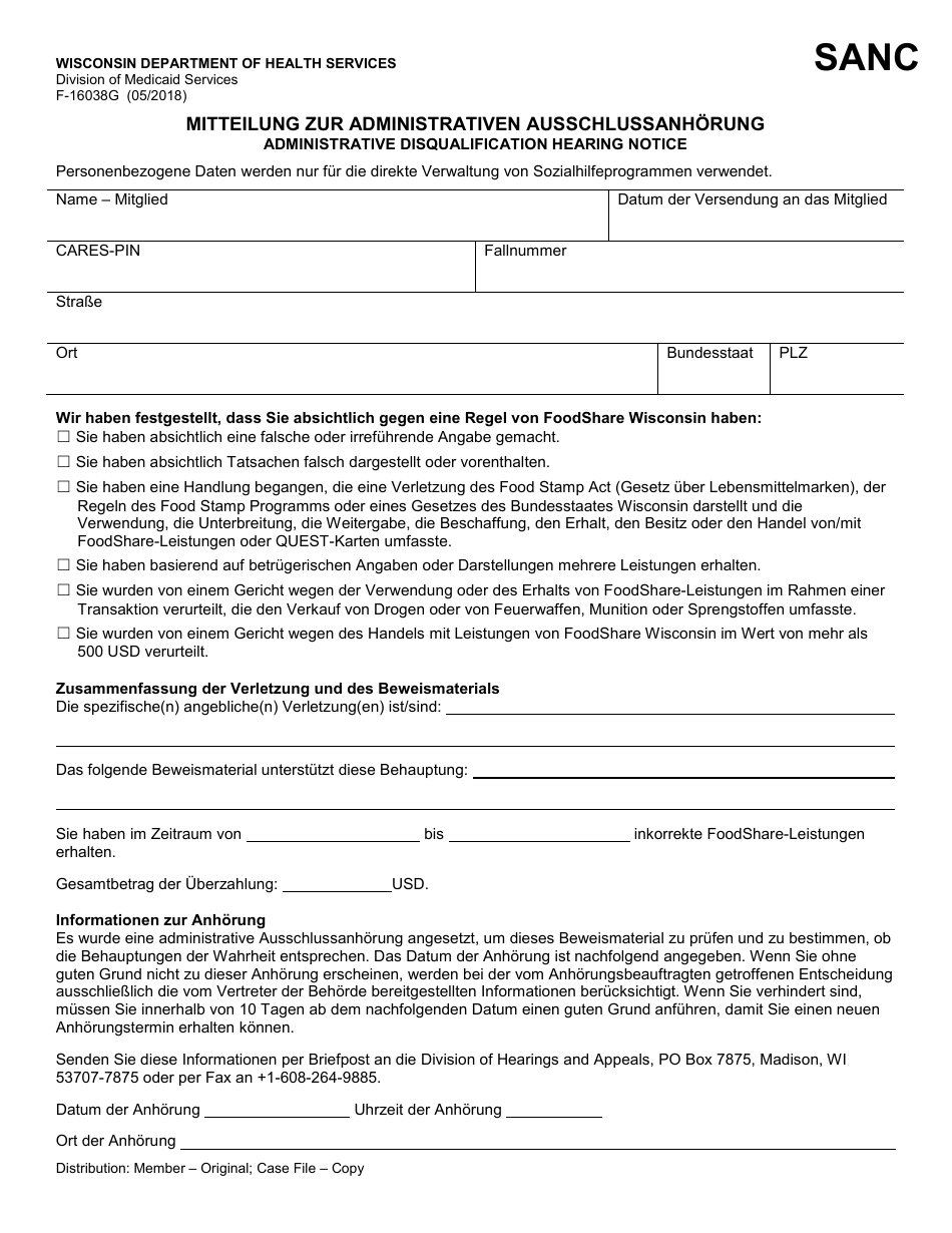 Form F-16038 Administrative Disqualification Hearing Notice - Wisconsin (German), Page 1