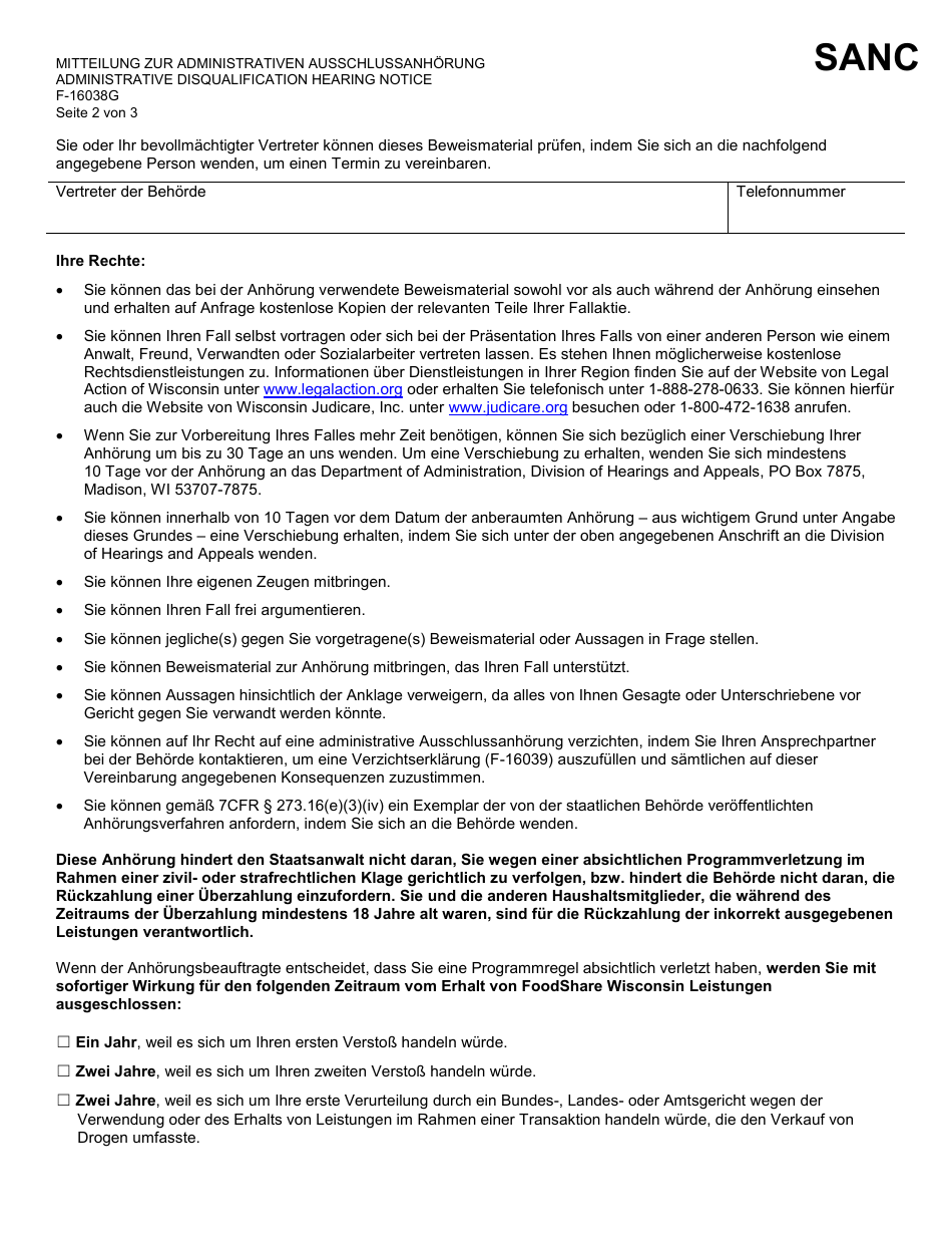 Form F-16038 Administrative Disqualification Hearing Notice - Wisconsin (German), Page 2