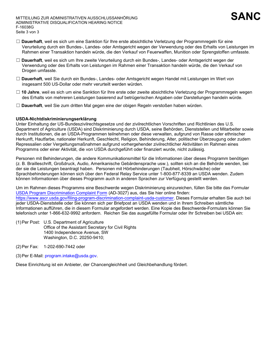 Form F-16038 Administrative Disqualification Hearing Notice - Wisconsin (German), Page 3