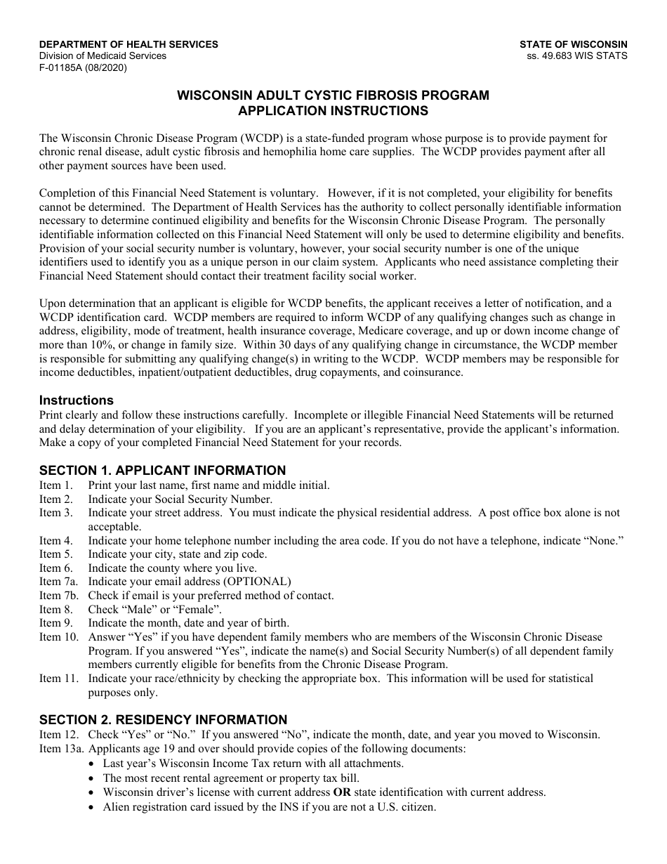 Instructions for Form F-01185 Wisconsin Adult Cystic Fibrosis Program Application - Wisconsin, Page 1