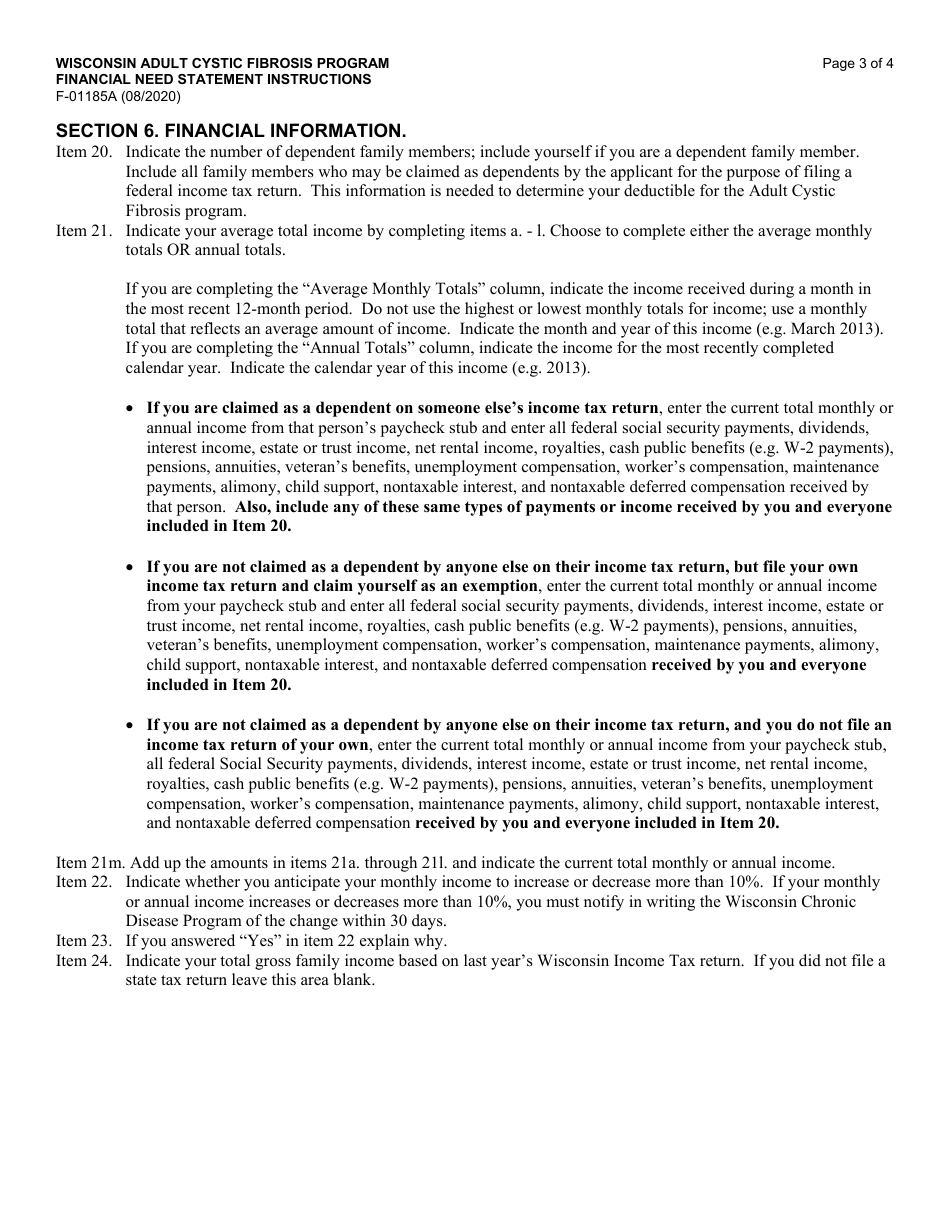 Instructions for Form F-01185 Wisconsin Adult Cystic Fibrosis Program Application - Wisconsin, Page 3
