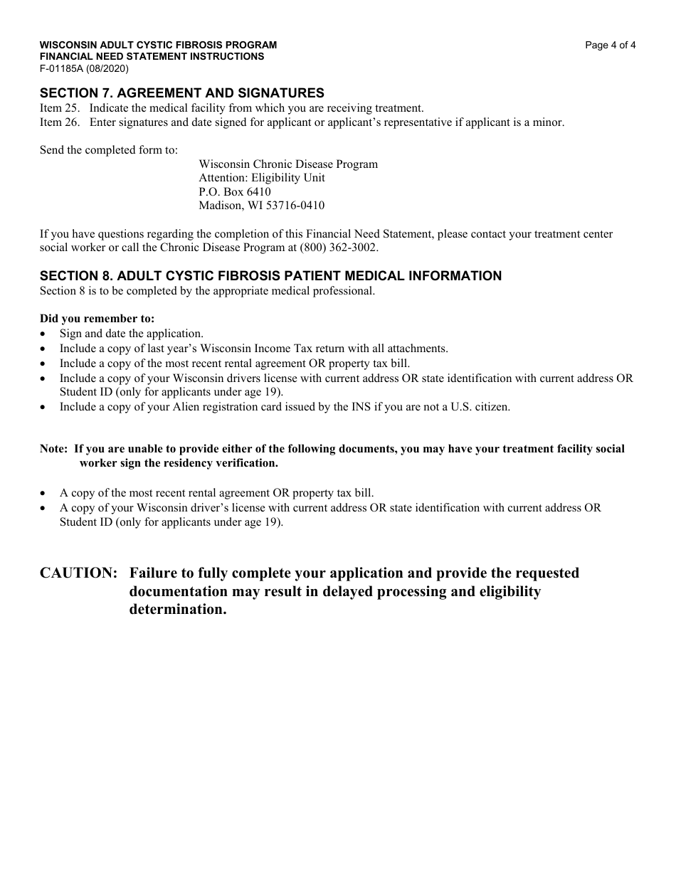 Instructions for Form F-01185 Wisconsin Adult Cystic Fibrosis Program Application - Wisconsin, Page 4