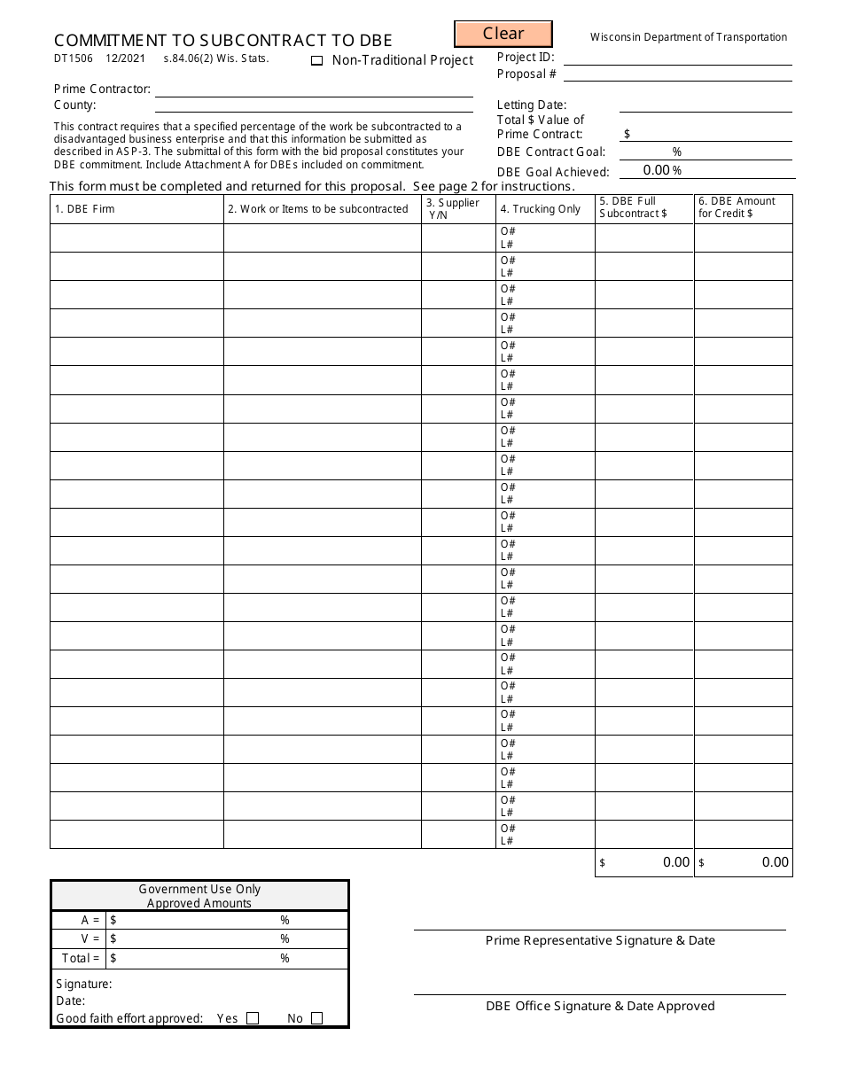 Form DT1506 Commitment to Subcontract to Dbe - Wisconsin, Page 1