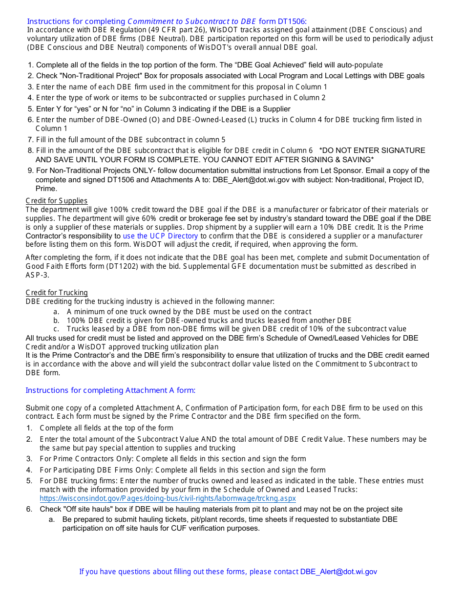 Form DT1506 Commitment to Subcontract to Dbe - Wisconsin, Page 2