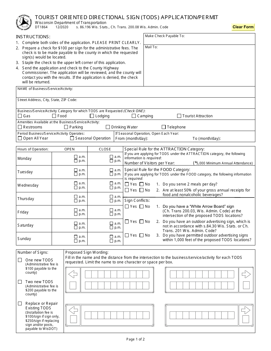 Form DT1864 Tourist Oriented Directional Sign (Tods) Application / Permit - Wisconsin, Page 1