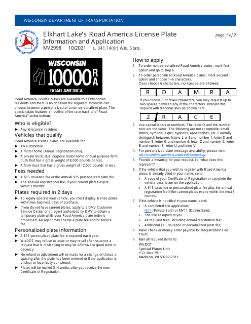 Form MV2998 Elkhart Lake's Road America License Plate Application - Wisconsin