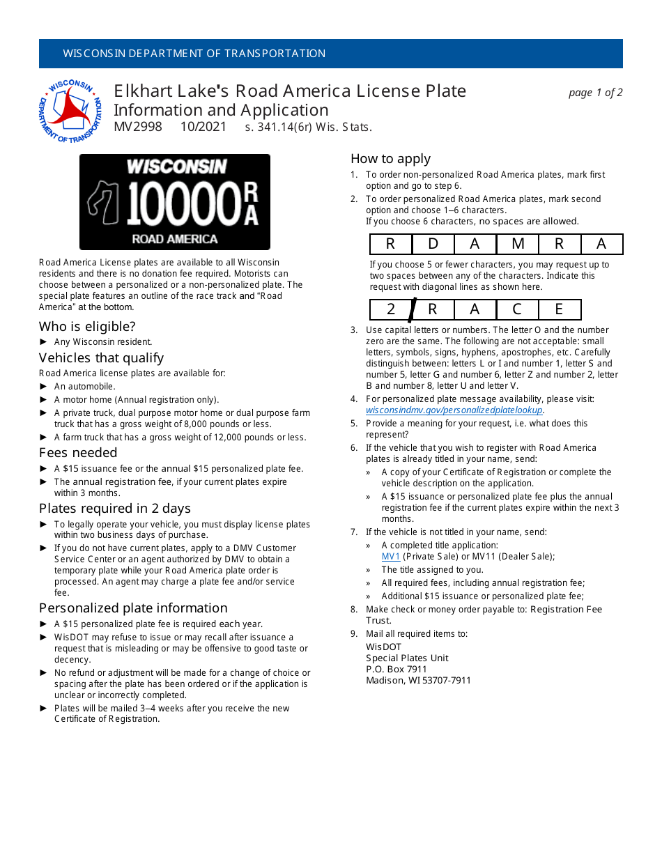 Form MV2998 Elkhart Lakes Road America License Plate Application - Wisconsin, Page 1