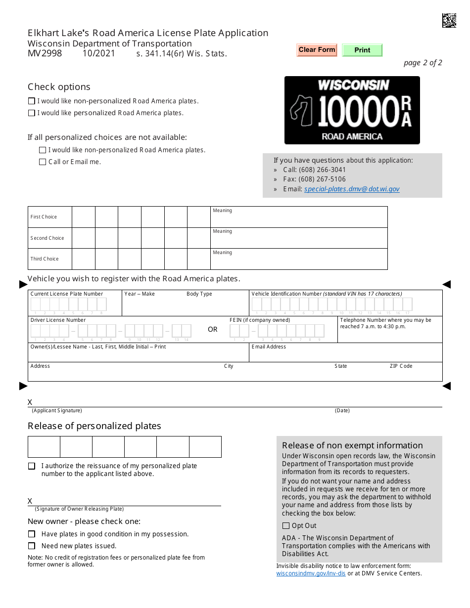 Form MV2998 Elkhart Lakes Road America License Plate Application - Wisconsin, Page 2