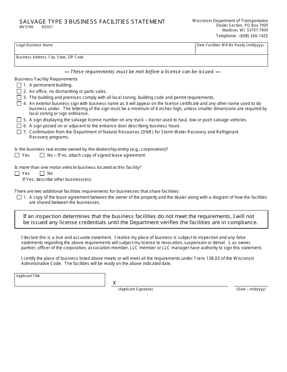 Form MV3186 Salvage Type 3 Business Facilities Statement - Wisconsin, Page 1