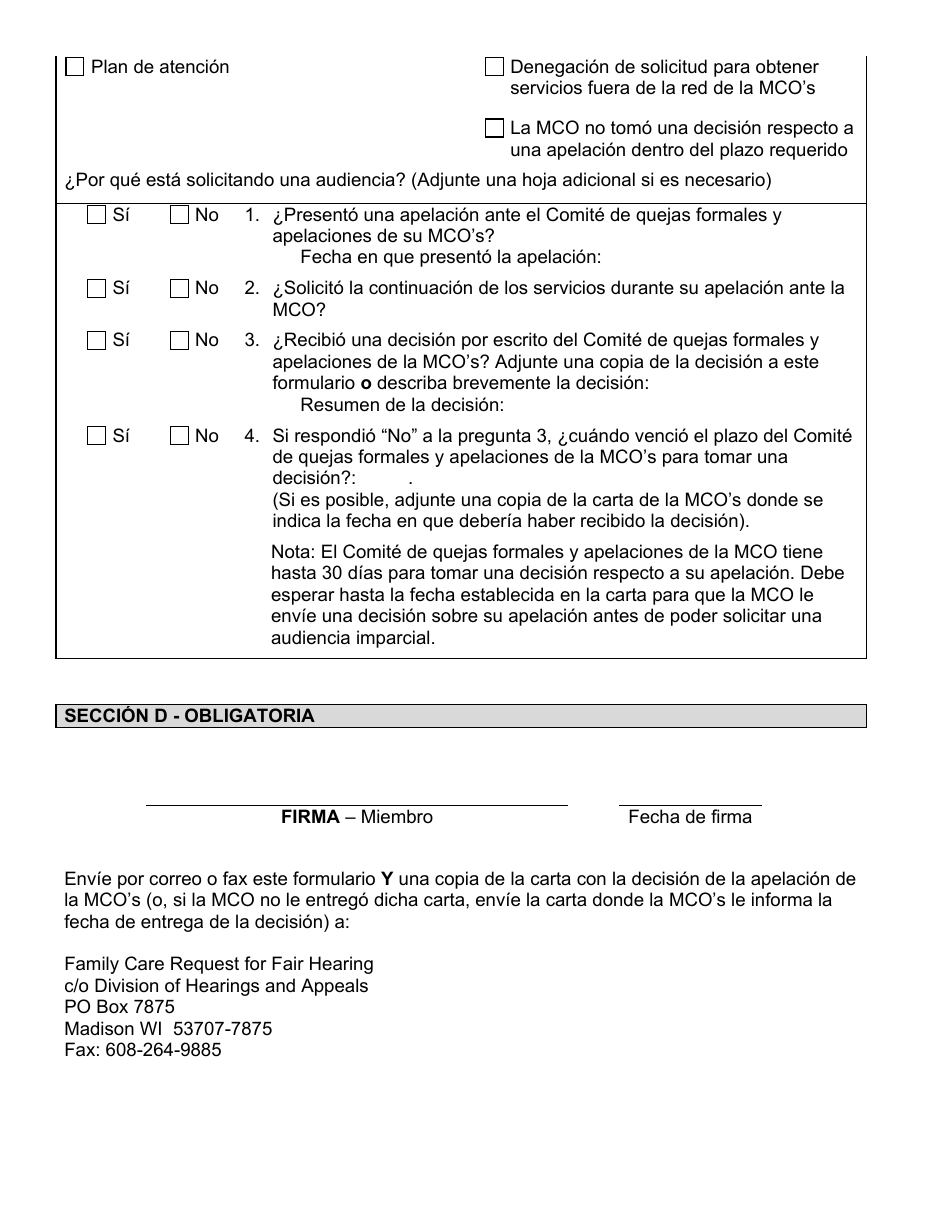 Formulario F-00236 Solicitud Para Una Audiencia De Estado Imprarcial - Mco - Wisconsin (Spanish), Page 2
