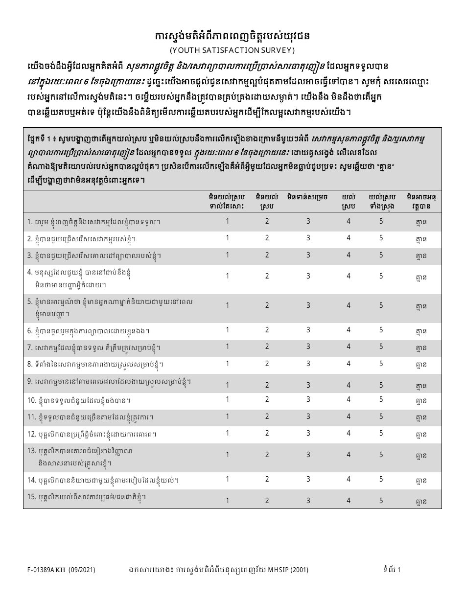Form F-01389A Mhsip Youth Satisfaction Survey - Wisconsin (Khmer), Page 1