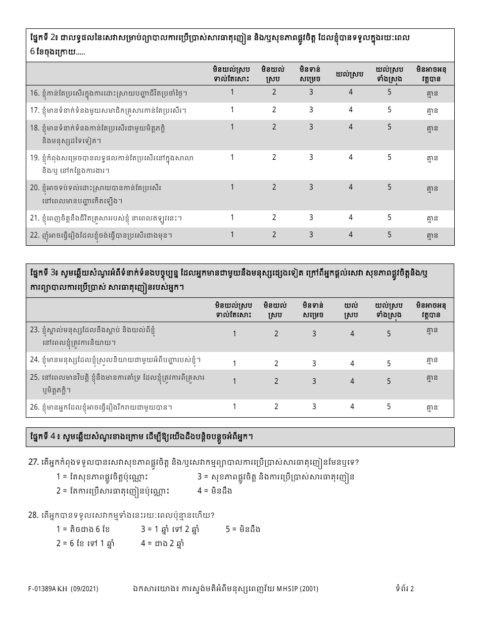 Form F-01389A Mhsip Youth Satisfaction Survey - Wisconsin (Khmer), Page 2