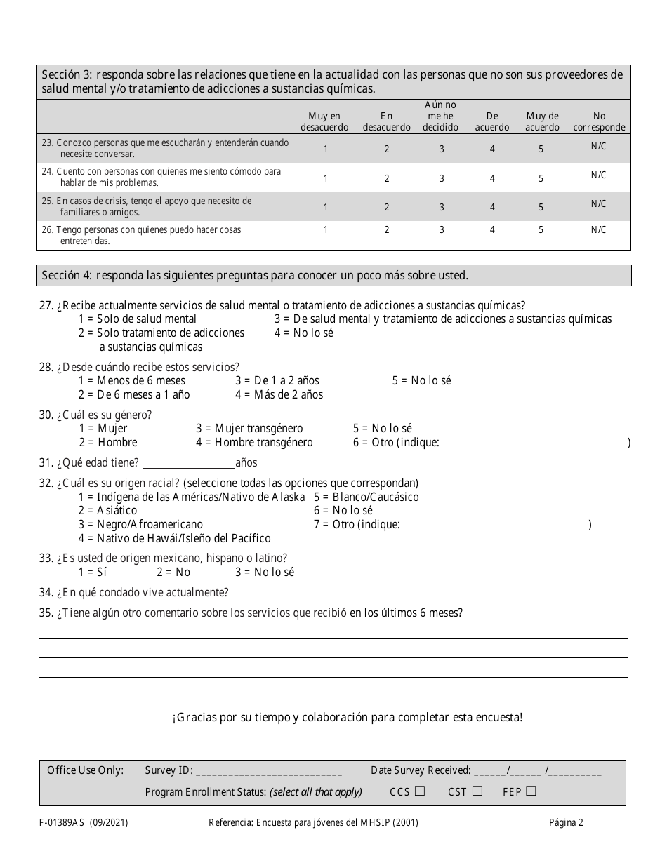 Formulario F-01389A Encuesta De Satisfaccion Para Jovenes - Wisconsin (Spanish), Page 2