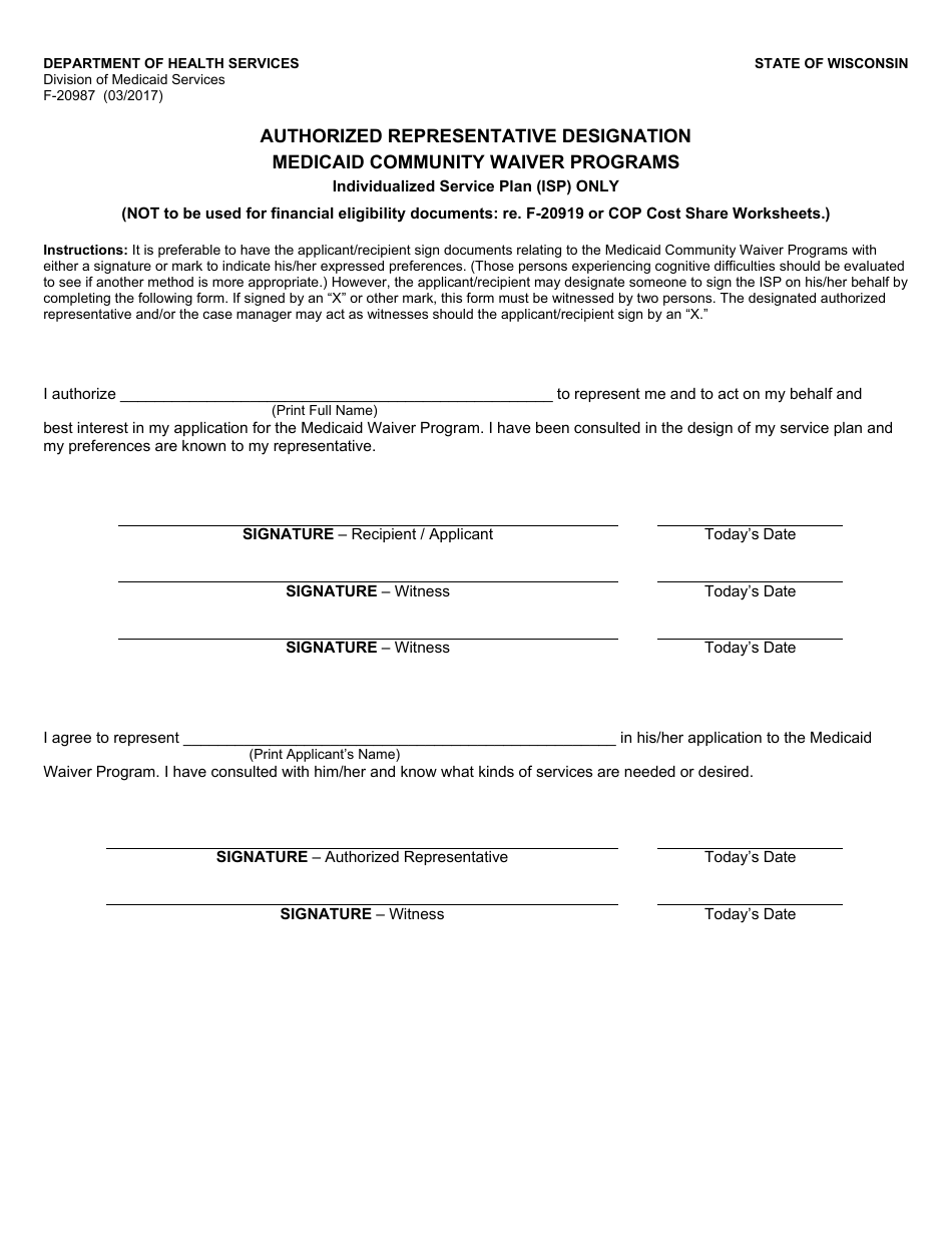Form F-20987 Authorized Representative Designation Medicaid Community Waiver Programs - Wisconsin, Page 1