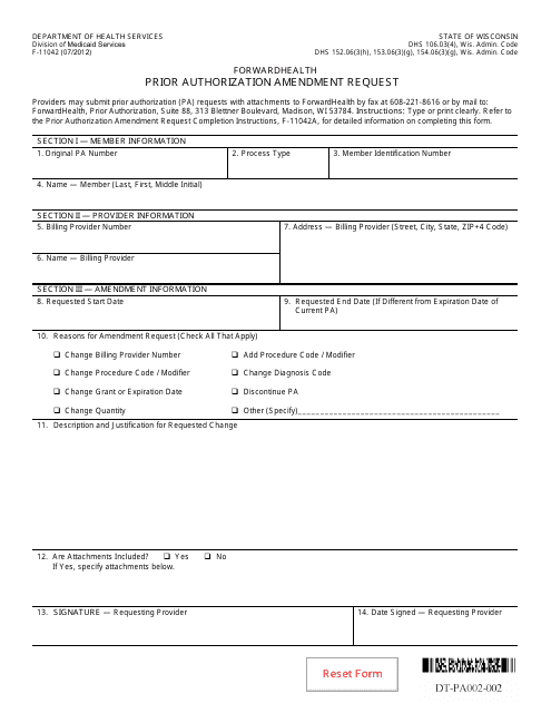Form F-11042 Prior Authorization Amendment Request - Wisconsin