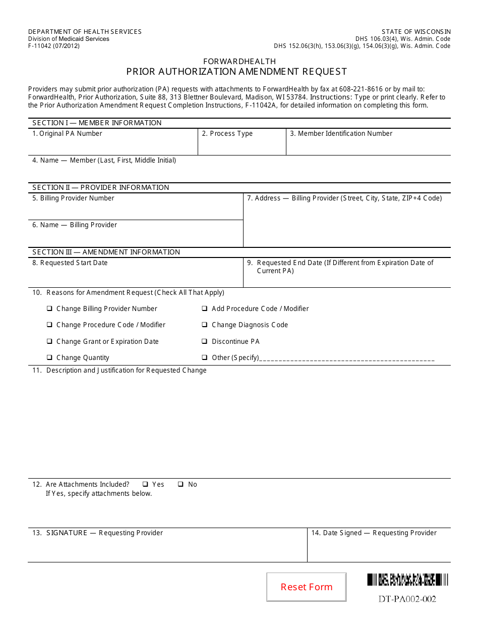 Form F-11042 Prior Authorization Amendment Request - Wisconsin, Page 1